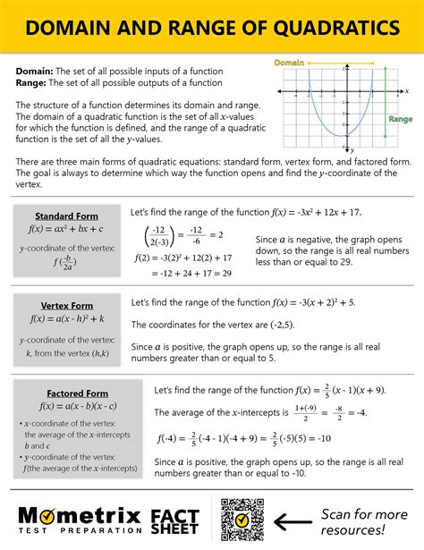  Domain (x-values) all real numbers Range (y-values) Opens up - s greater than or equal to minimum value Opens down - s less than or equal to the maximum value Vertex minimum or maximum value Axis of. . Domain and range of quadratic functions pdf